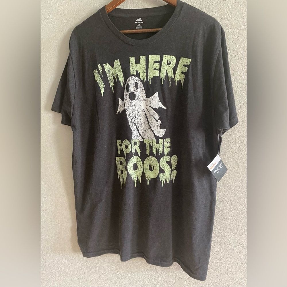 Halloween Men Gray Short Sleeve Shirt “I’m here for the BOOs” Size L Large